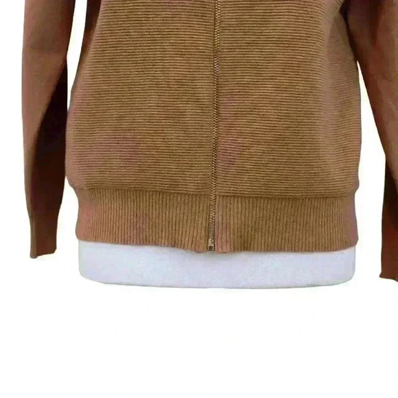 Light Brown Zip Up Crew Neck Long Sleeve Zip Up Lightweight Cardigan Sweater - Picture 5 of 5